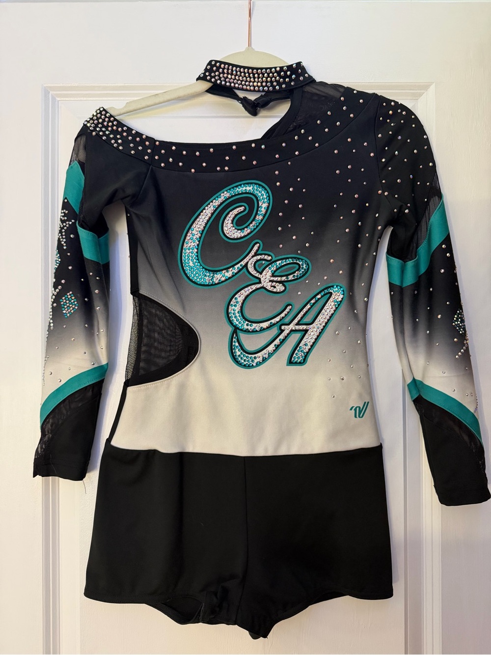 Varsity Black Teal and White Cheer uniform with Rhinestones